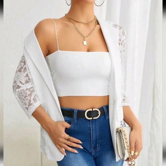 Contrast Lace Flap Detail Single Button Blazer - Picture 4 of 5